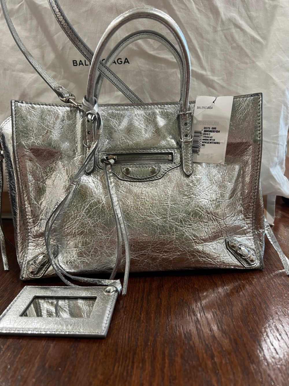 New Balenciaga Silver Metallic hand bag